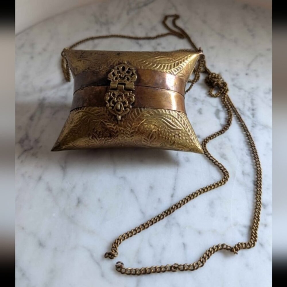 Vintage 1930s Copper  Brass Pillow Purse with Purple Liner